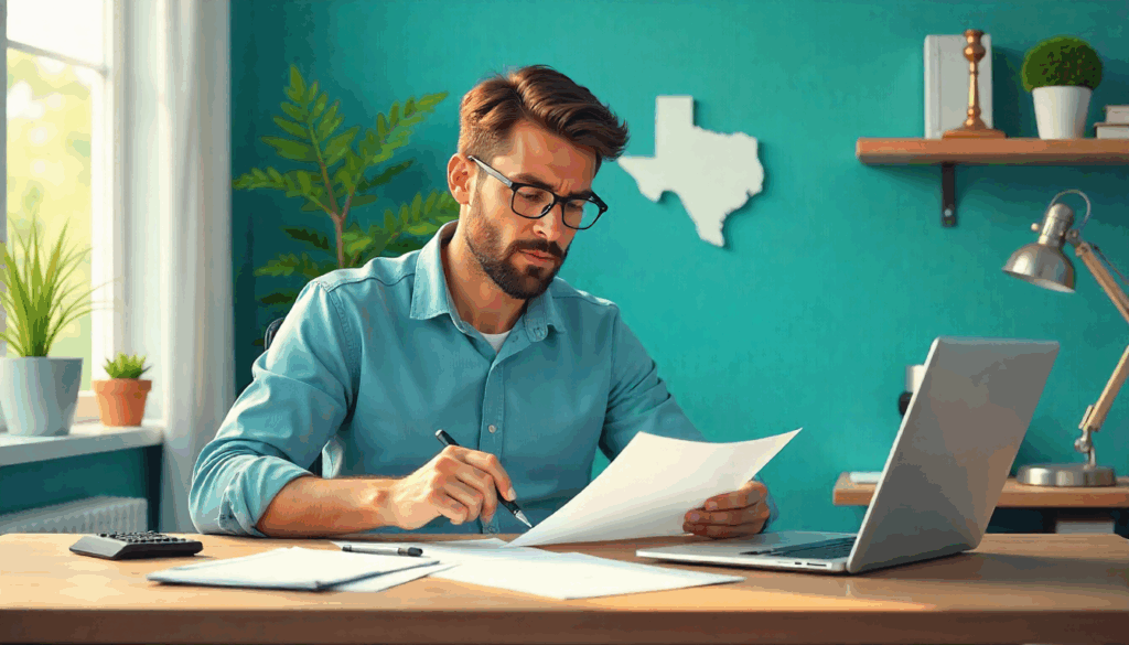 Texas homeowner reviewing property tax documents and Form 50-132 to challenge property taxes