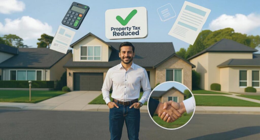 Texas homeowner celebrating property tax reduction with professional help in front of suburban home