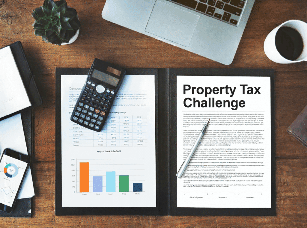 Organized property tax appeal evidence including appraisal reports, repair estimates, and comparable sales data