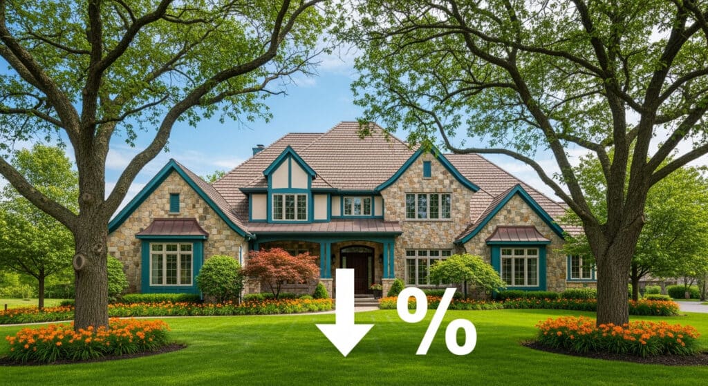 Texas home surrounded by downward arrows and percentage symbols representing property tax reduction strategies