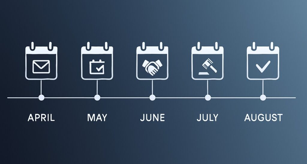 Timeline showing Texas property tax protest process from April appraisal notices through August final decisions