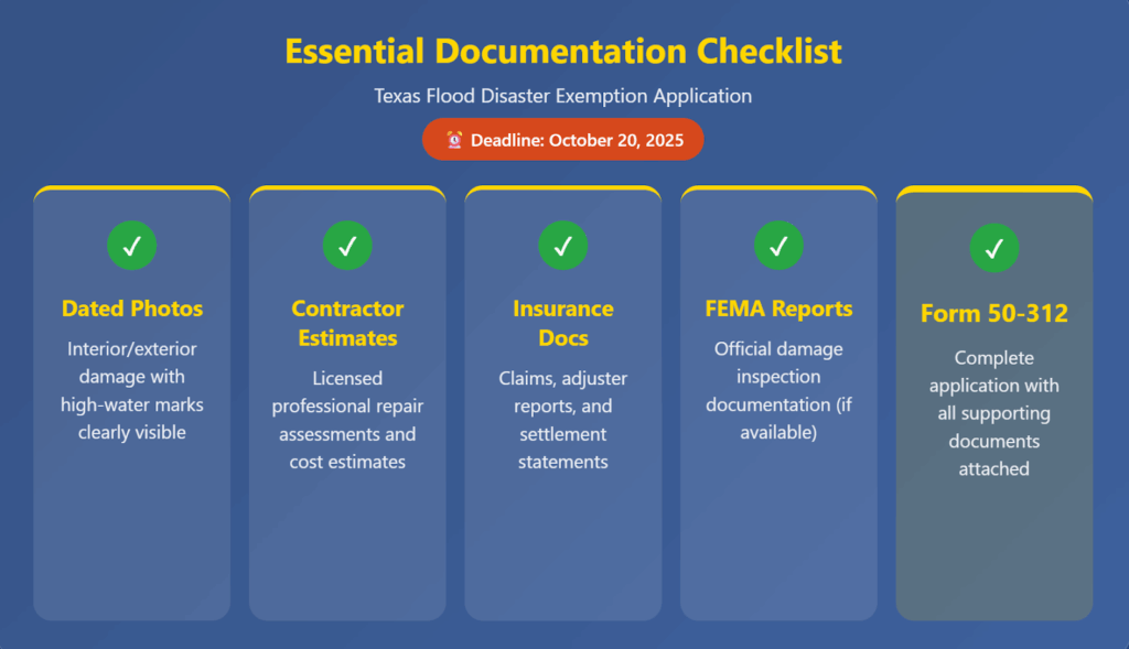 Essential documentation checklist for Texas flood disaster tax exemption applications showing five required items with October 20, 2025 deadline