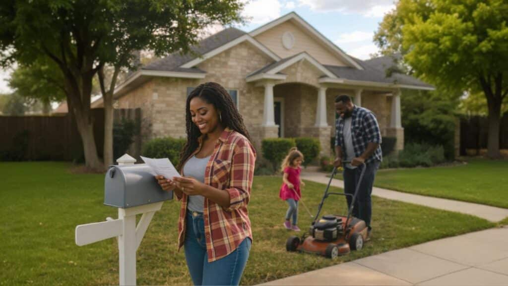 Happy Texas family standing in front of their home representing property tax relief benefits