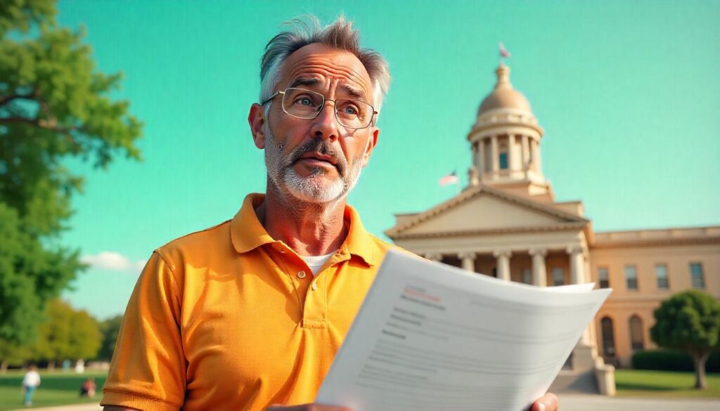 Texas homeowner reviewing property tax protest documents with courthouse in background