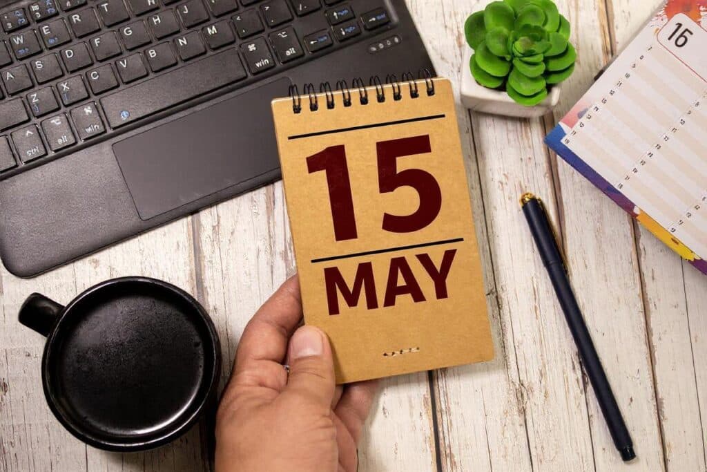 Calendar showing Texas property tax protest deadline of May 15