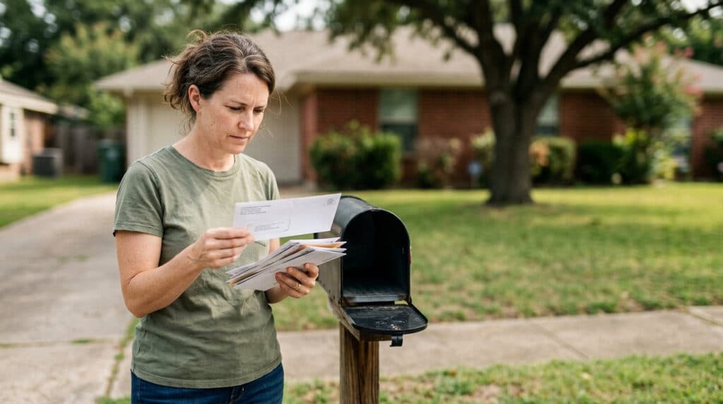 Texas homeowner pulling a property tax appraisal notice from a curbside mailbox in spring.