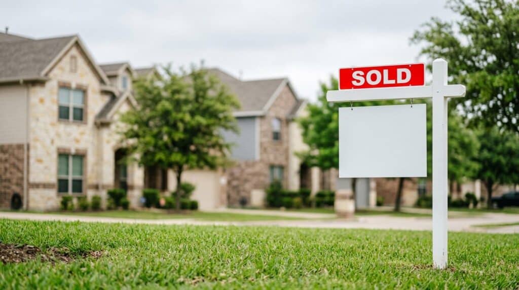 Real estate sold sign in a Texas front yard with similar neighborhood homes blurred behind it