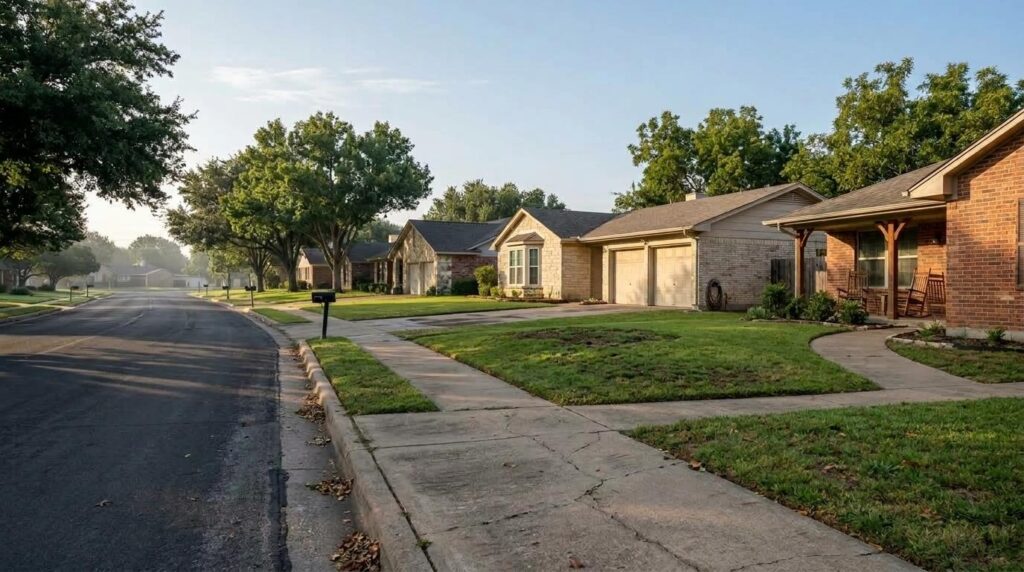 Street-level view of similar suburban Texas homes along a residential block in early morning light