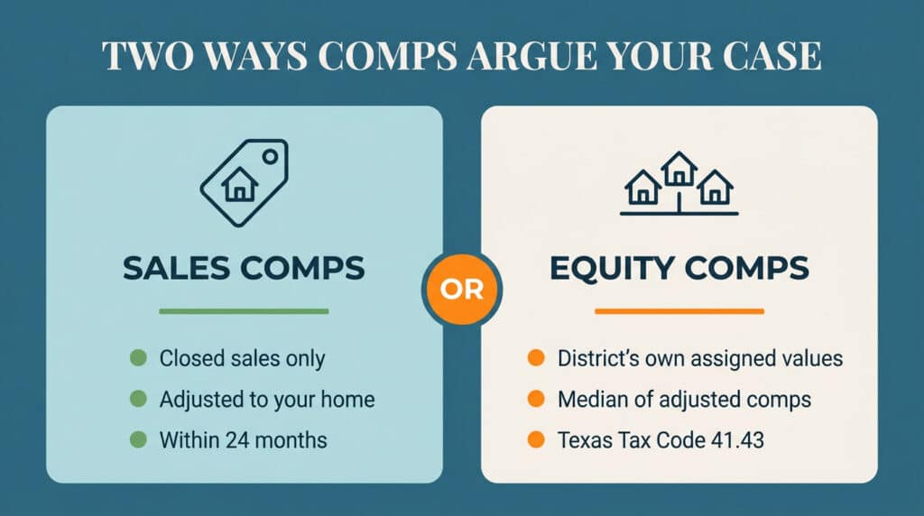 Split graphic comparing sales comps based on closed sale prices with equity comps based on tax appraised values assigned by the appraisal district