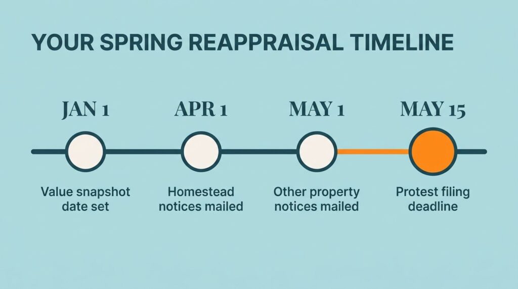 Timeline infographic showing the January 1 valuation date, April and May notice mailing dates, and the May 15 protest deadline in Texas