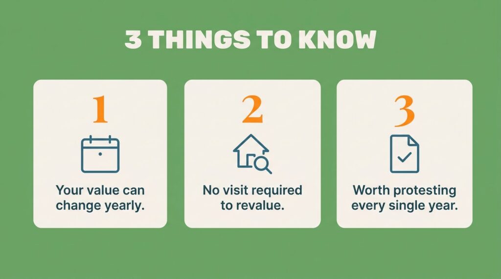Infographic listing three key takeaways about Texas home reappraisal frequency, remote valuation, and annual protesting