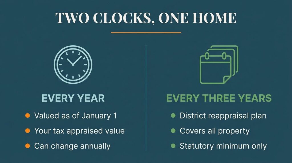 Infographic comparing the annual January 1 valuation date with the three-year Texas reappraisal plan requirement