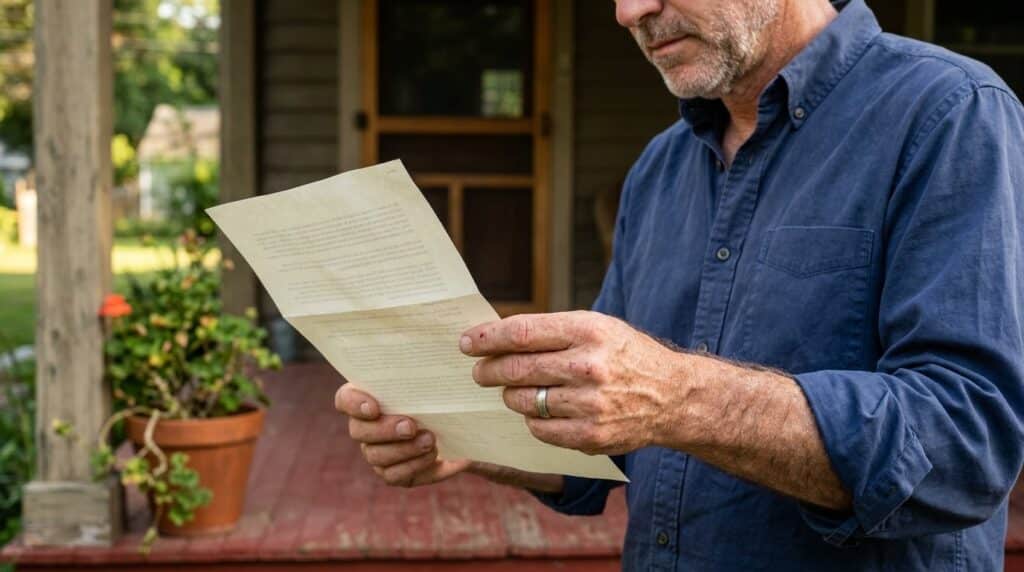 Close view of a homeowner's hands holding a Texas property appraisal notice document while standing on a shaded front porch