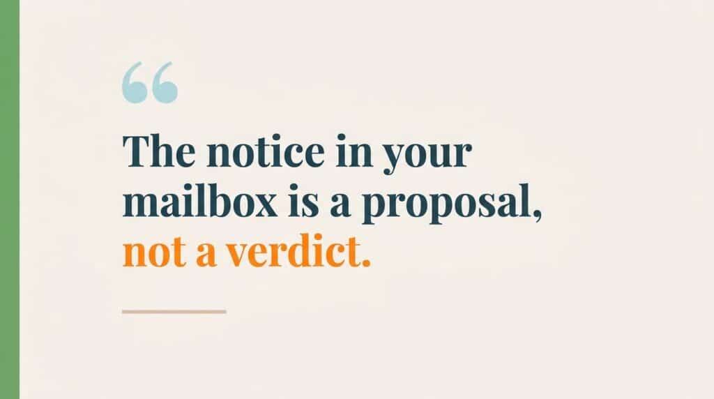 Pull quote graphic reading that a Texas property appraisal notice is a proposal, not a verdict