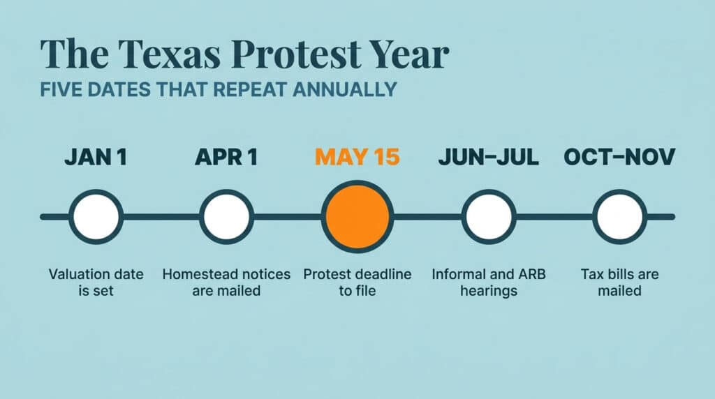 Timeline of the Texas property tax appeal year from January 1 valuation date to fall tax bills.