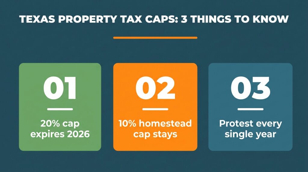 Three numbered takeaways stating the 20 percent cap expires in 2026, the 10 percent homestead cap stays, and to protest every year.