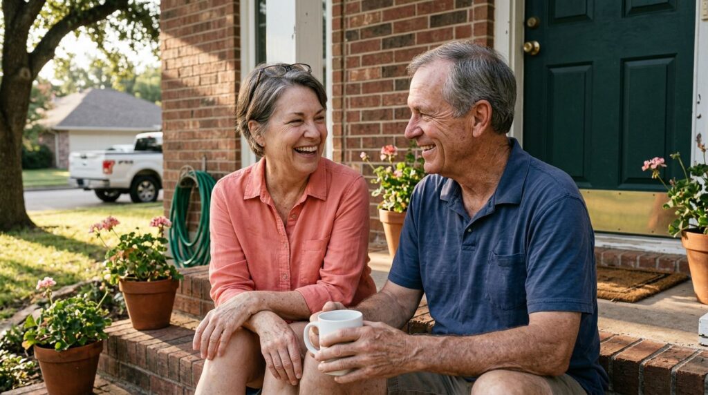 Texas homeowners in their sixties sitting on the front steps of their brick home