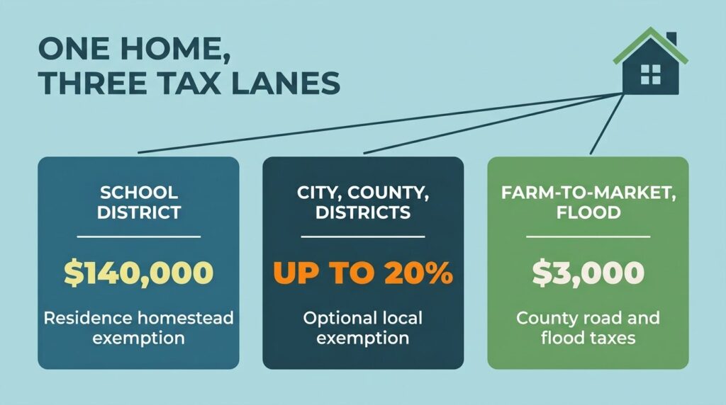 Diagram showing how Texas property tax exemptions apply separately to school districts, local taxing units, and farm-to-market road taxes