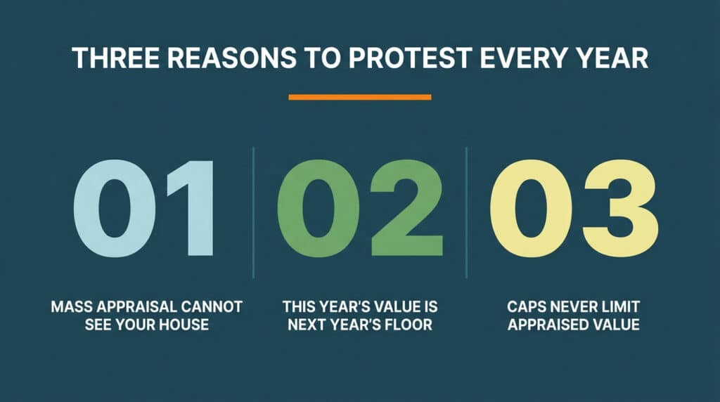 Three reasons to protest property taxes annually in Texas regardless of market conditions.