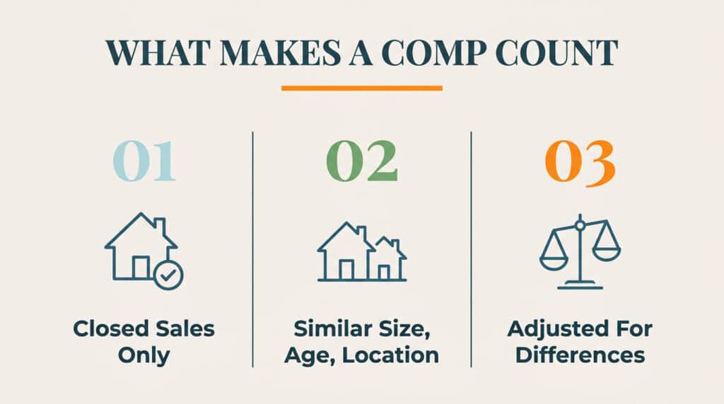 Three-part graphic listing the requirements for a valid comparable sale in Texas: closed sales only, similar characteristics, and adjustment for differences