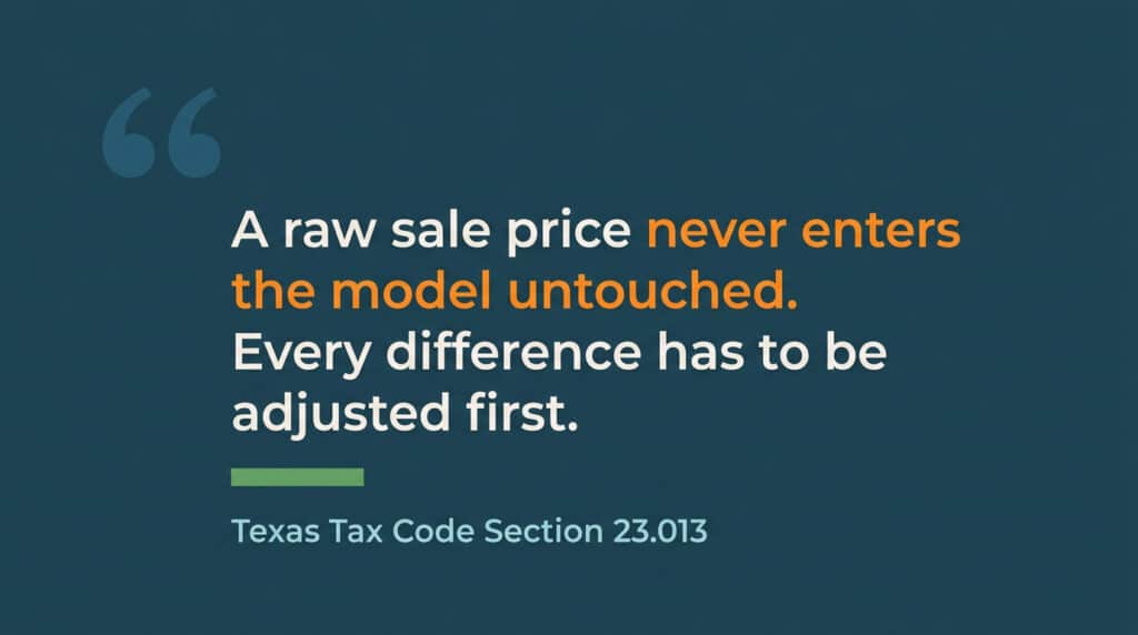 Pull quote graphic stating that a raw sale price never enters the appraisal model untouched and every difference must be adjusted first